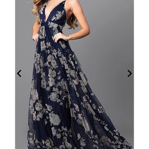 Luxxel Floor Length Maxi Dress Navy w Gold Flowers